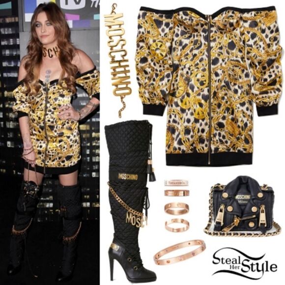 H&M x Moschino TV Mini Gold Black Dress Chain Print Size 0 - Picture 8 of 15